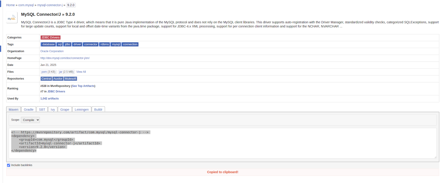 imagen explicativa de como seleccionar el driver en maven repository
